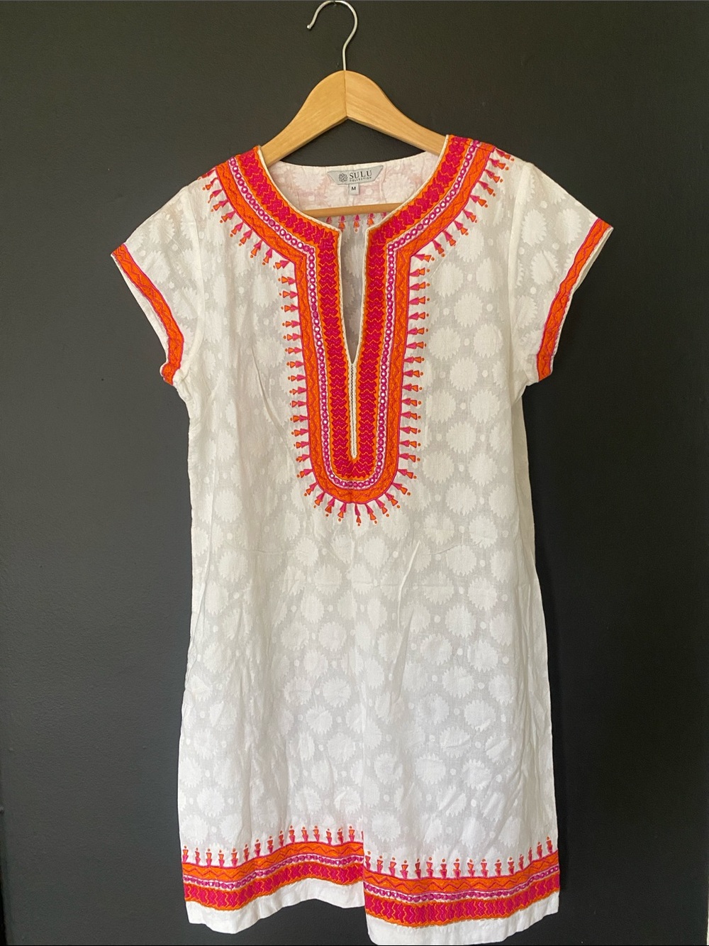 Sulu Collection White Tunic Dress with Pink & Orange Embroidery
